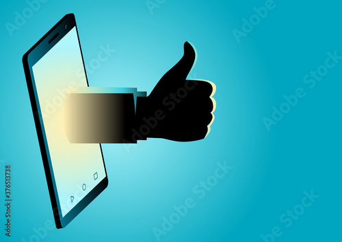 Hand appeating from smart phone doing thumb up