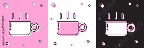 Set Coffee cup icon isolated on pink and white, black background. Tea cup. Hot drink coffee. Vector.