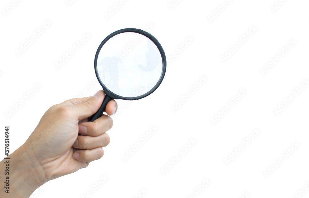Information search idea: hand and magnifying glass on white background with writing or design space. Information search idea: hand and magnifying glass on white background with writing or design space.