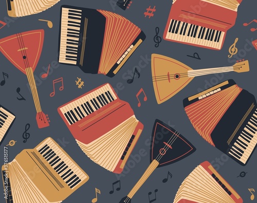 Seamless pattern with accordion,guitar, balalaika and sheet music. International Music Day. Vector musical instrument set. Freehand doodle elements