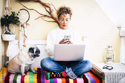 Modern caucasian middle age woman work at home with phone and laptop computer with her lovely pug dog - people and aminals together in home leisure activity with technology and job photo