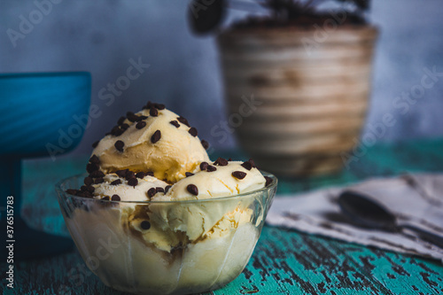 delicious vanilla ice cream with chocolate chips
