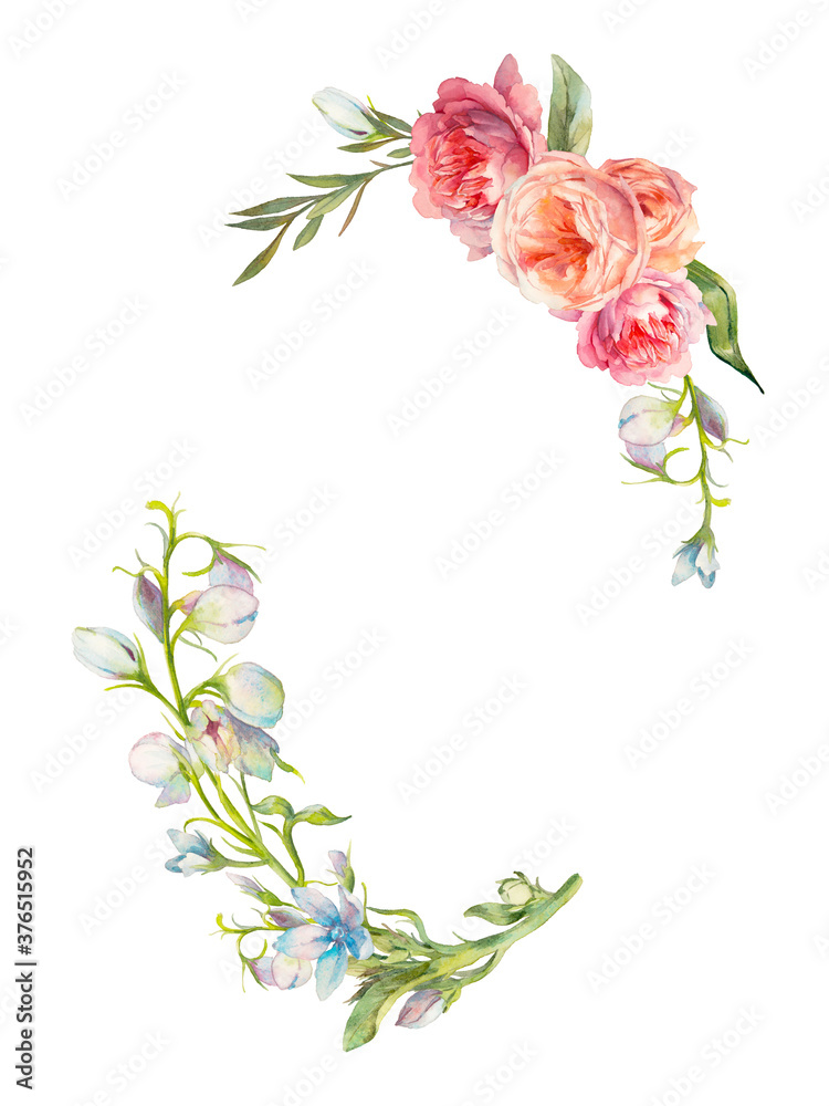 Watercolor garden flowers wreath. Oval arrangement isolated on white background