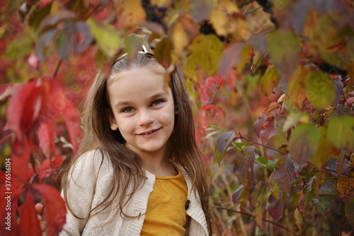 Cheerful preschooler little girl with autumn leaves in the park. Child portrait. Kids fashion style. Cute kid girl 4-5 year old posing outdoors, has happy face, long hair. Walking in park. Childhood.