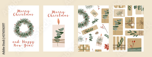 Set of different christmas cards, invitation. Presents in kraft paper and wreaths. Rustic gift box. Eco decoration. Xmas and New 2021 Year celebration preparation. Vector flat cartoon style