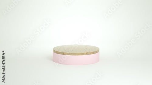 Abstract scene with geometric forms. cylinder wood podium in pink background. Product presentation, mock up, stage pedestal or platform. 3d render