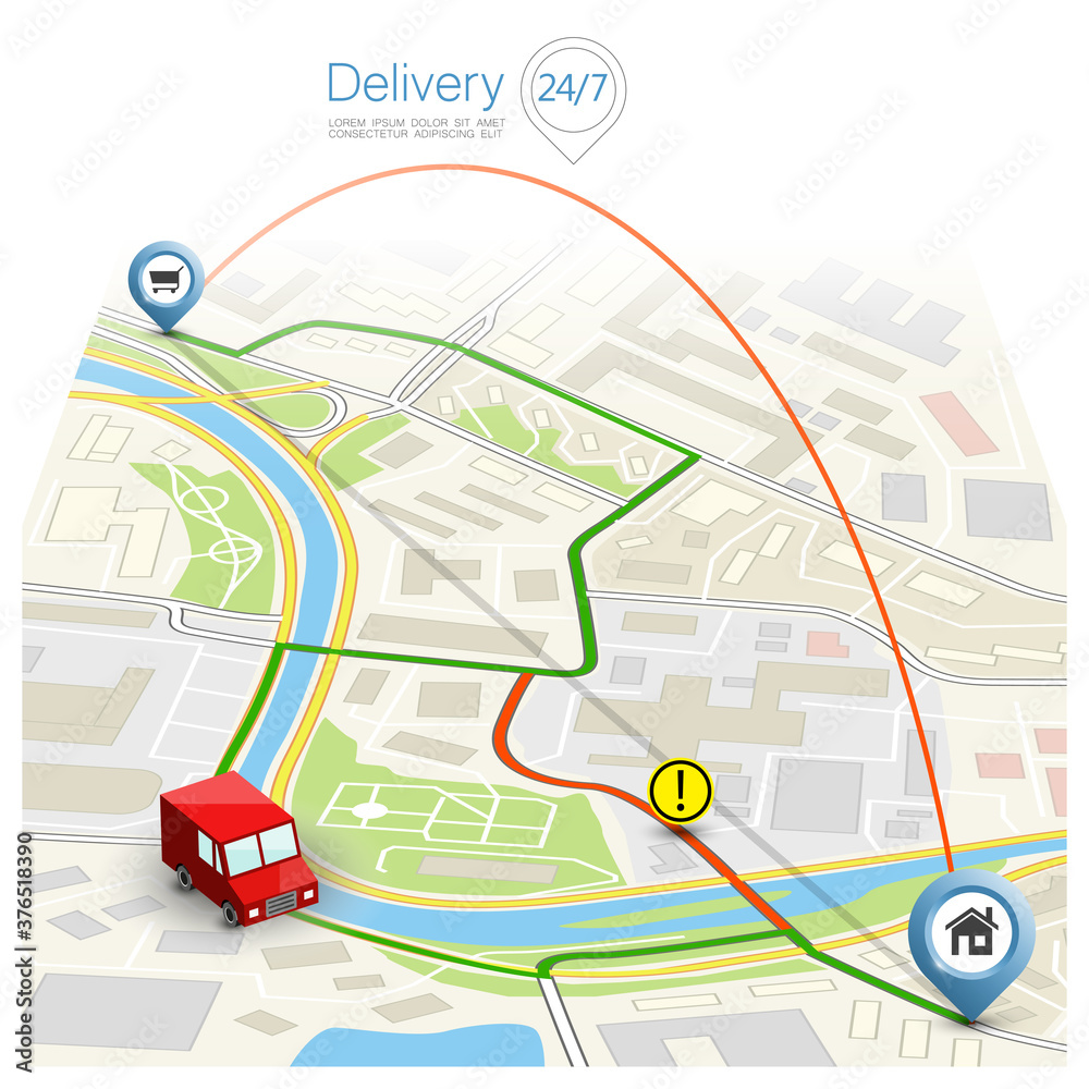 Vecteur Stock City map navigation route, point markers delivery van,  drawing schema itinerary delivery car, city plan GPS navigation, itinerary  destination arrow city map. Route delivery check point graphic | Adobe Stock