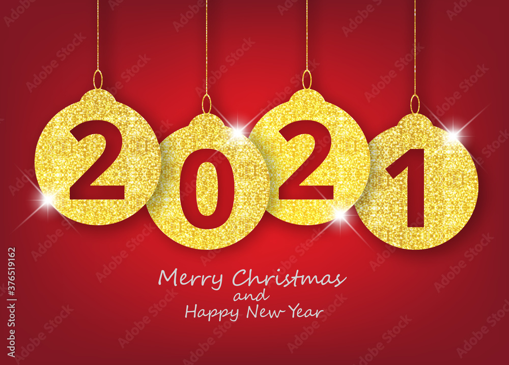Merry Christmas and happy new year hanging 2021 number gold glitter christmas decoration balls on shiny red background. Merry Christmas and happy new year hanging 2021 number gold glitter christmas decoration balls on shiny red background.