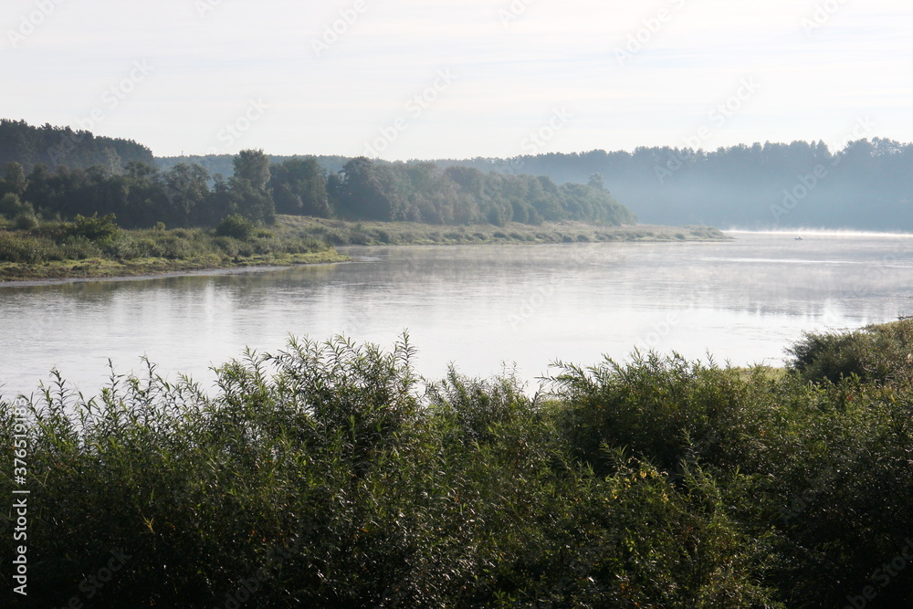 View of the misty river from the morning in summer