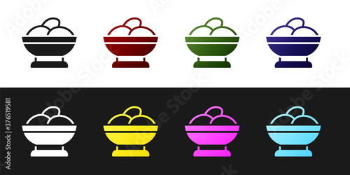 Set Varenyky in a bowl icon isolated on black and white background. Pierogi, varenyky, dumpling, pelmeni, ravioli. Traditional Ukrainian food. Vector.