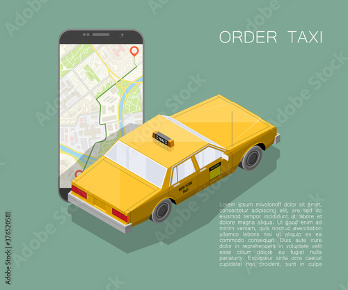 Yellow isometric taxi cab banner. Online mobile application order taxi service illustration. Flat car isometric quality banner. 3D taxi vehicle smartphone. Get a taxi online phone isometry application