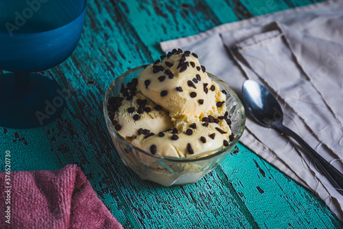 delicious vanilla ice cream with chocolate chips