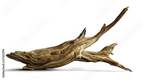 driftwood, aged branch isolated with shadow on white background 