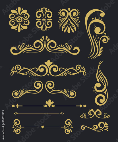set of gold luxury decorative elements vector illustration design