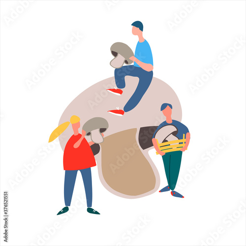 People picking mushrooms vector illustration. Harvesting concept. Agritourism concept. Mushroom cultivating concept. Hand drawn illustration in abstract flat style