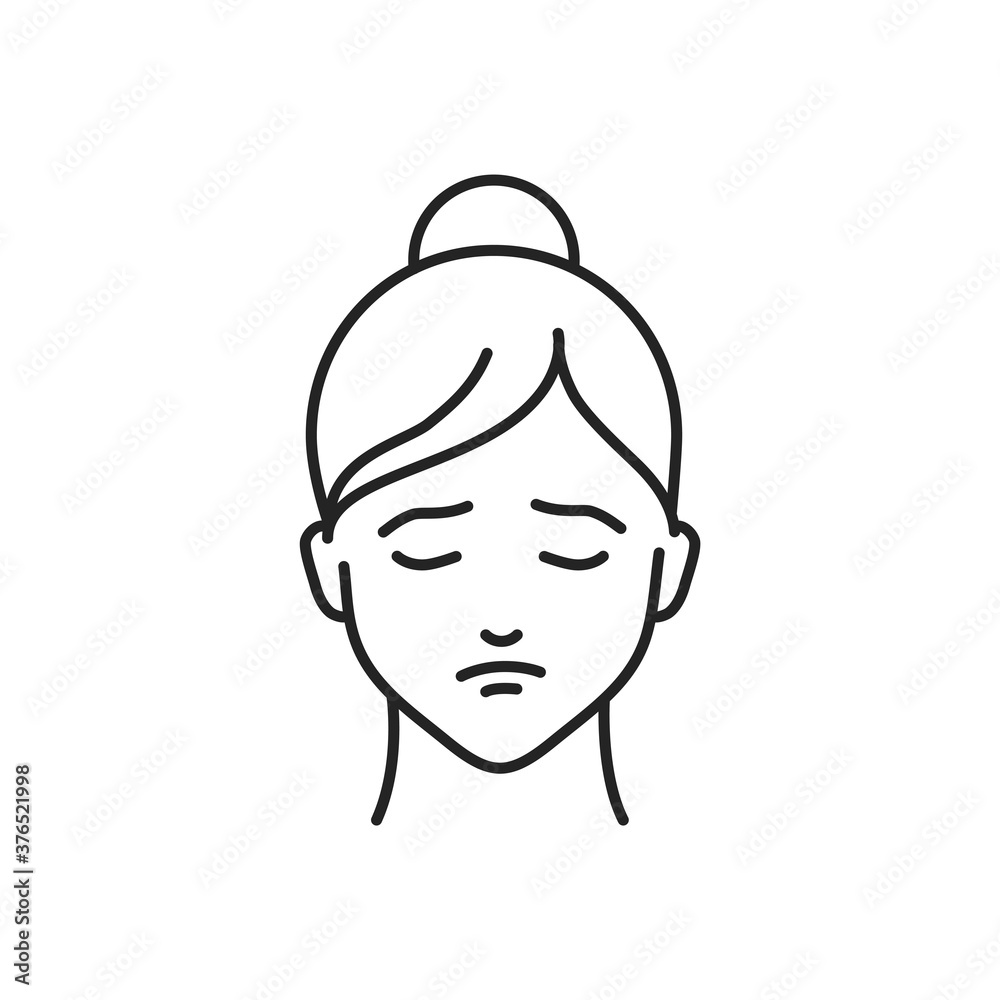 Human feeling depression line black icon. Face of a young girl depicting emotion sketch element. Cute character on white background. Human feeling depression line black icon. Face of a young girl depicting emotion sketch element. Cute character on white background.
