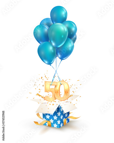 50th years celebrations. Greetings of fifty anniversary isolated vector design elements. Open textured gift box with numbers and flying on balloons