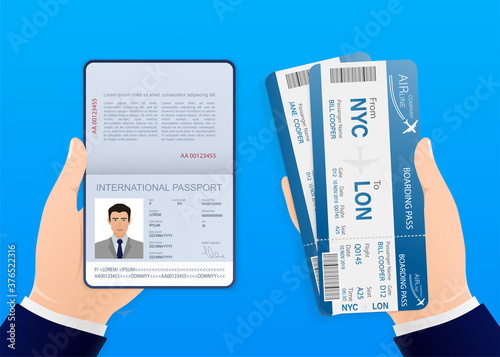 Hand, holding international passport and airline tickets on blue background. Vector illustration icon. Flat icon design. Identity document.