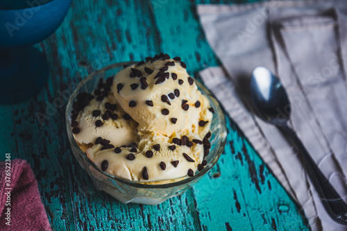 delicious vanilla ice cream with chocolate chips