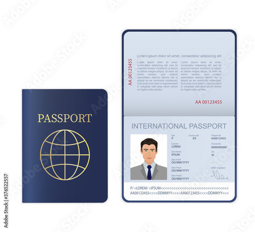 3d card International passport in flat style on white background. on blue backdrop. Blank template. Cover page. International passport, great design for any purposes.