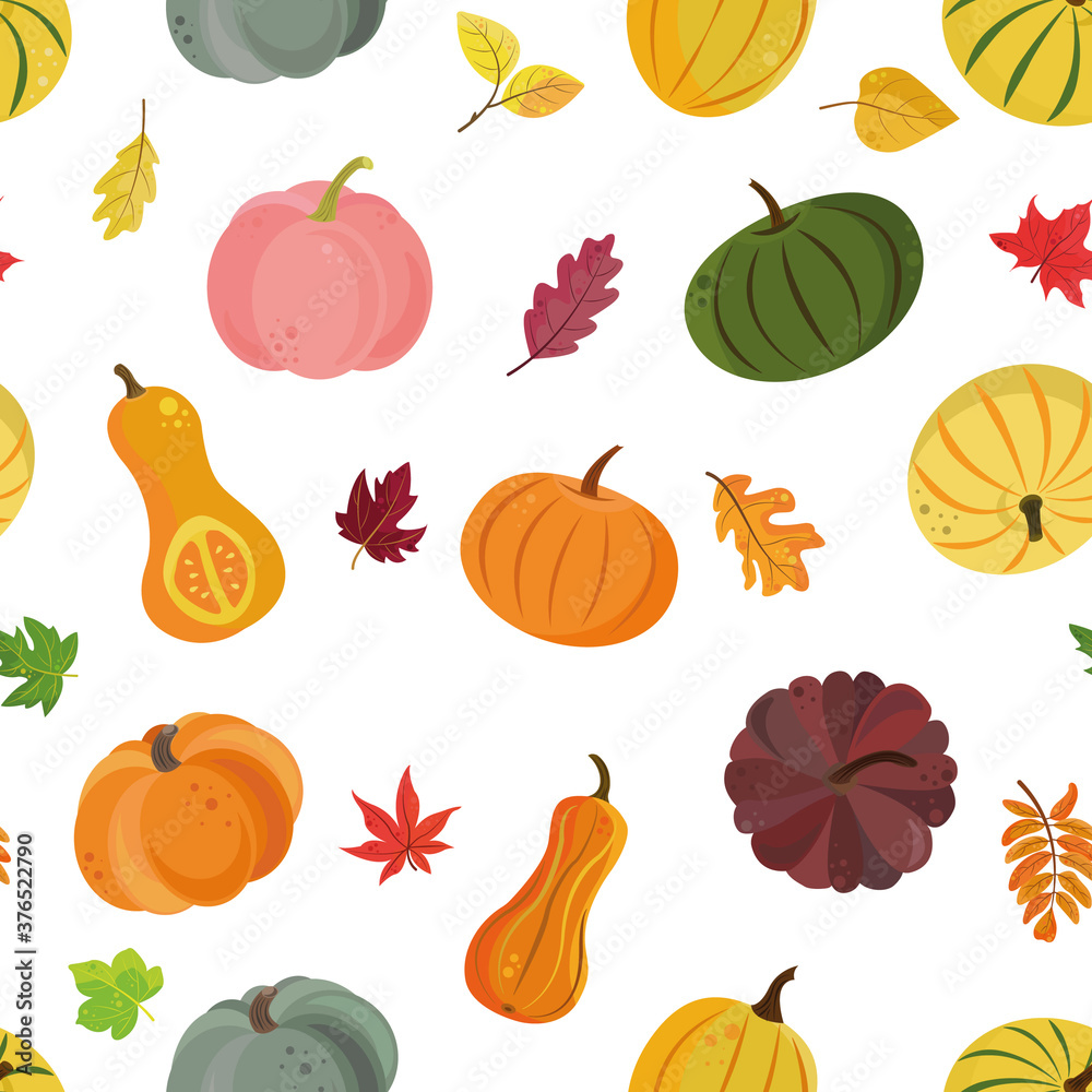 A seamless pattern of colorful pumpkins and autumn leaves in a flat style on a white background. Perfect for autumn wrapping paper, screensavers, textiles, Halloween card, wallpapers A seamless pattern of colorful pumpkins and autumn leaves in a flat style on a white background. Perfect for autumn wrapping paper, screensavers, textiles, Halloween card, wallpapers