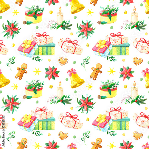 Fototapeta Naklejka Na Ścianę i Meble -  Christmas watercolor seamless pattern.Red poinsettia flower,Holly,candle,pine,green spruce,bow,gift box,gingerbread on white background.Hand-drawn Winter
