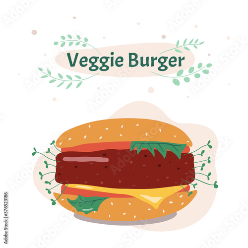 Vector illustration. Veggie burger. Replacing animal meat to plant-based is a rational use of land resources.