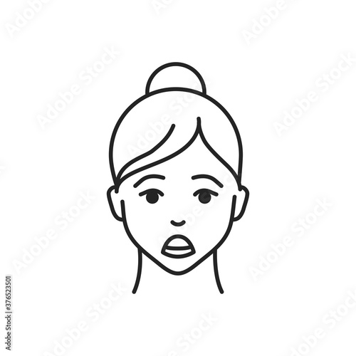Human feeling horor line black icon. Face of a young girl depicting emotion sketch element. Cute character on white background