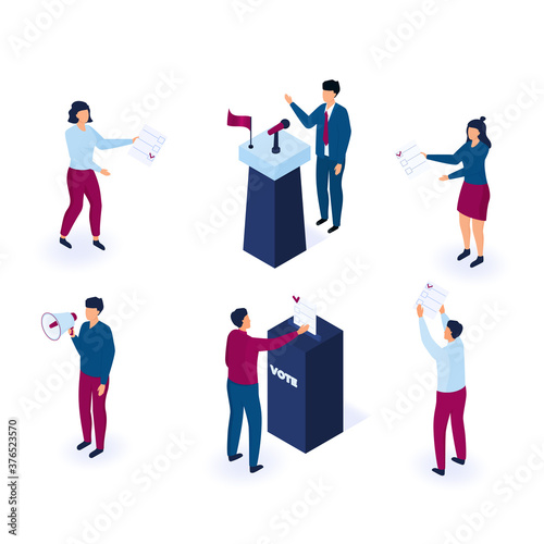 Political voting Isometric people illustration . Tiny voters near a huge ballot box cast a vote. The candidate behind the tribune is campaigning