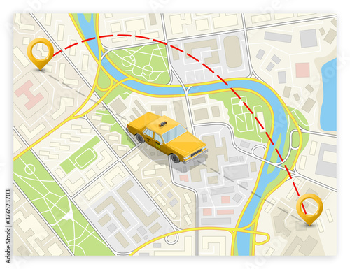 Yellow isometric taxi cab banner. Online navigation application order taxi service. Isometry car isometric route banner. 3D taxi classic vehicle itinerary road. Get a taxi online phone application