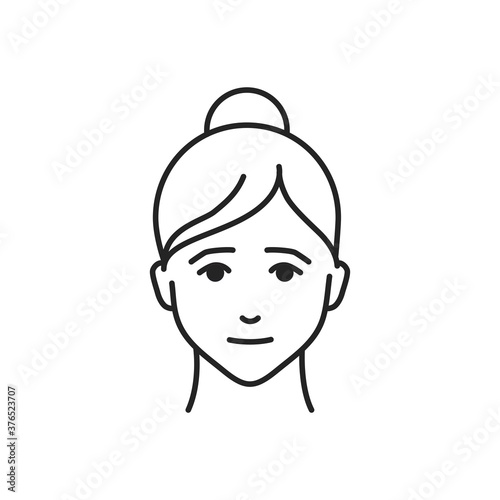 Human feeling pity line black icon. Face of a young girl depicting emotion sketch element. Cute character on white background