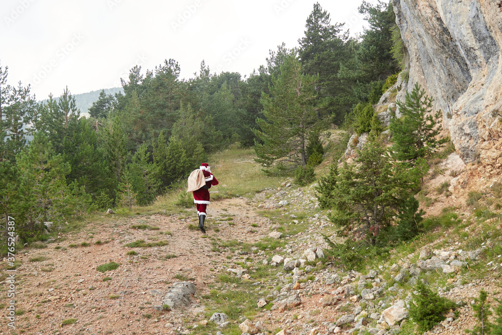 santa claus walking in the middle of the forest