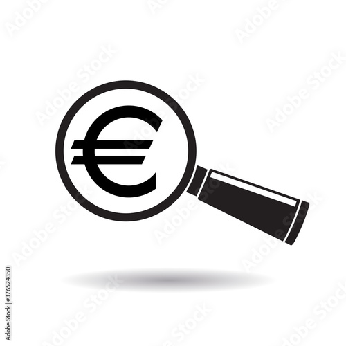 Sign euro with magnifying glass. Search or check financial stability.
