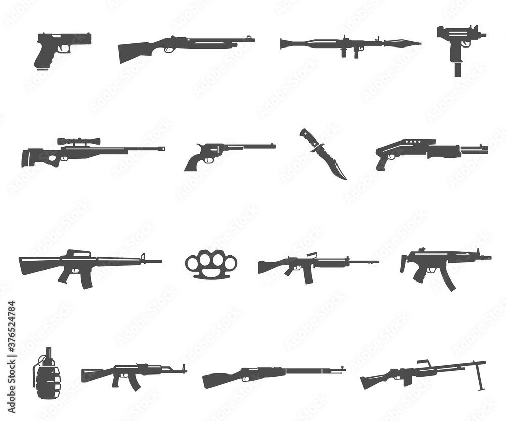 Firearm, mine, grenade, knife icons set isolated on white. Gun, pistol, rifle pictograms.