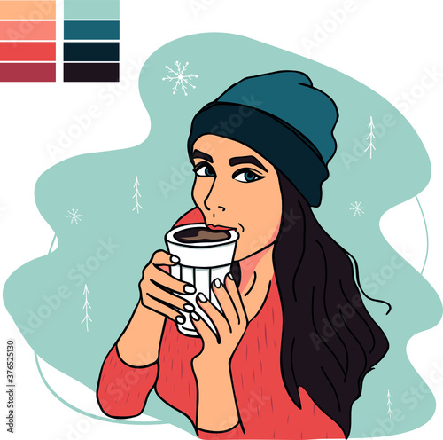 A pretty girl in a winter hat holds a Cup of hot drink in her hands. Close-up portrait. A concept to keep warm in winter. Hot drink on a cold winter day. Vector illustration