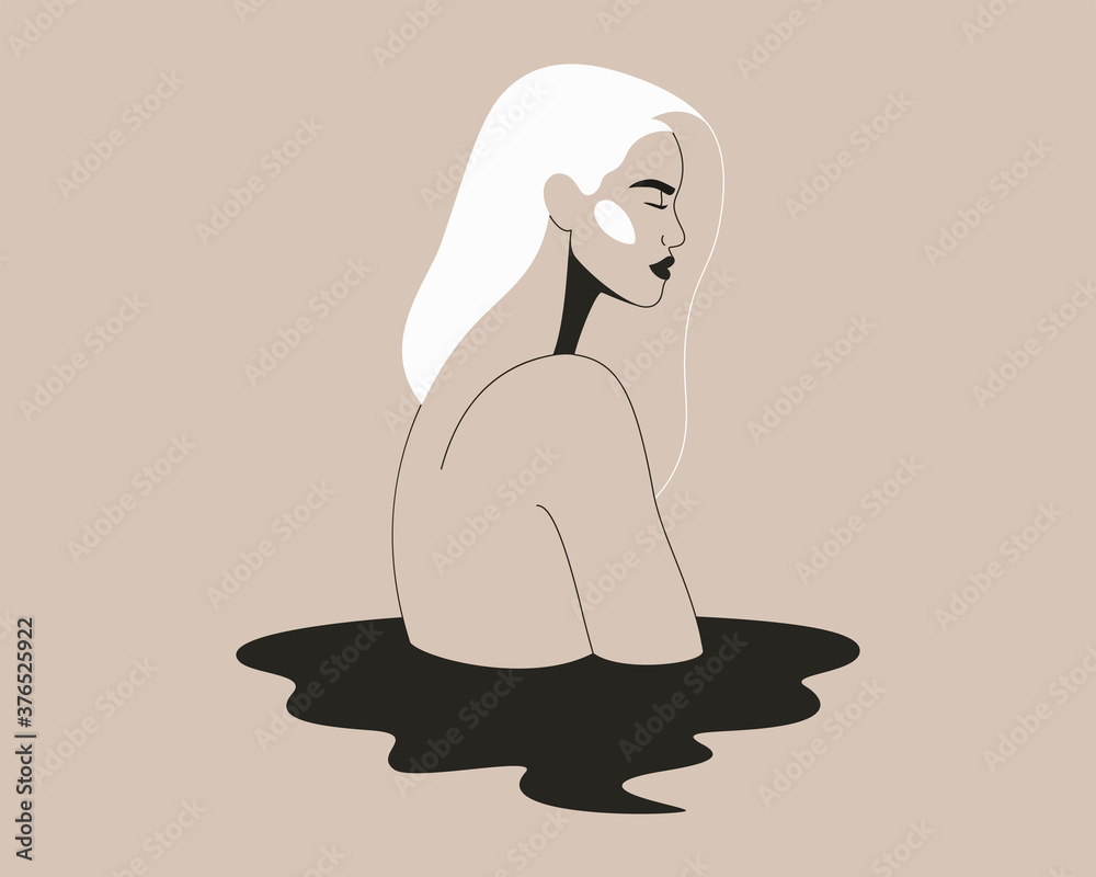 Obraz premium Young Woman silhouette with long hair in simple minimal linear style. Side view beautiful sad female stands in water isolated from background. Vector fashion illustration