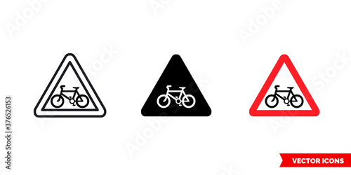 Bicycle crossing warning sign icon of 3 types color, black and white, outline. Isolated vector sign symbol.