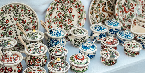 Happy colorful ceramics. Traditional Romanian handmade ceramics market at the potters fair from Sibiu  Romania