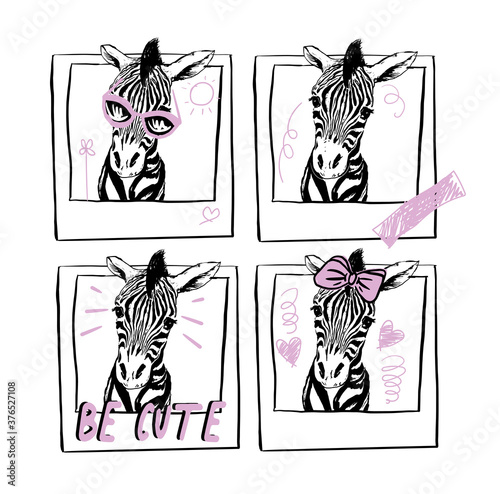 illustration with baby zebras in polaroid frames graphic style with doodle symbols. perfect for t shirt print, postcard, poster and etc.