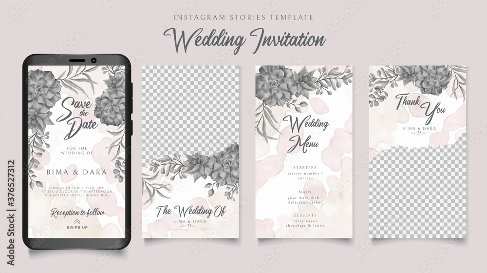 Instagram stories template wedding invitation with watercolor floral background
