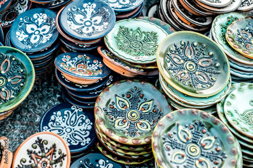 Happy colorful ceramics. Traditional Romanian handmade ceramics market at the potters fair from Sibiu  Romania