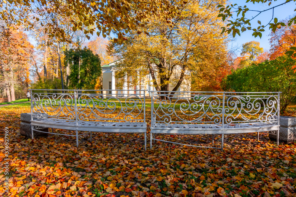 Bench at Concert Hall pavilion in autumn in Catherine park, Pushkin (Tsarskoe Selo), Saint Petersburg, Russia