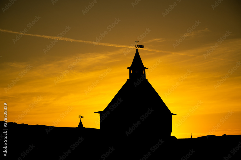 Silhouette of Tula Kremlin tower against sunset sky