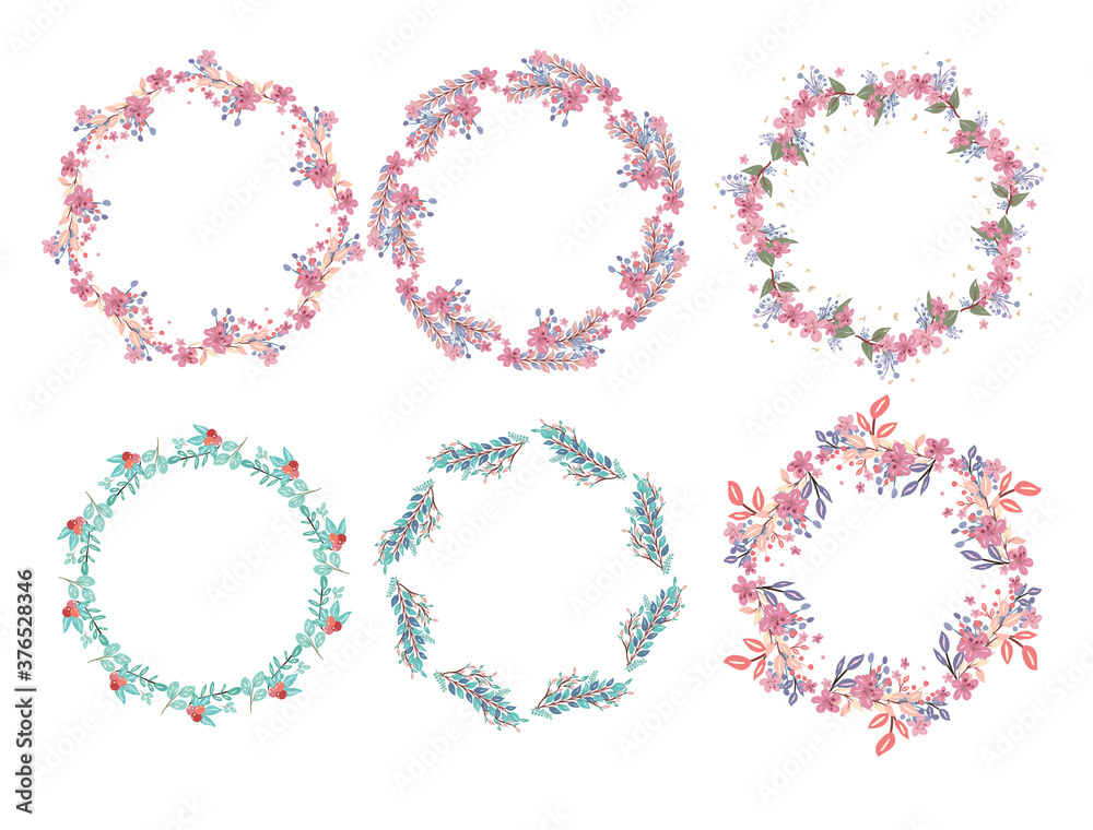 Beautiful set of hand-drawn wreath of green-yellow-red-pink-purple-blue pastel-colored floral on white background