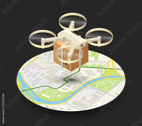 Drone delivery above the flat circle map concept illustration. Quadcopter flying over a round map and carrying a package to customer. 3d isometric icon