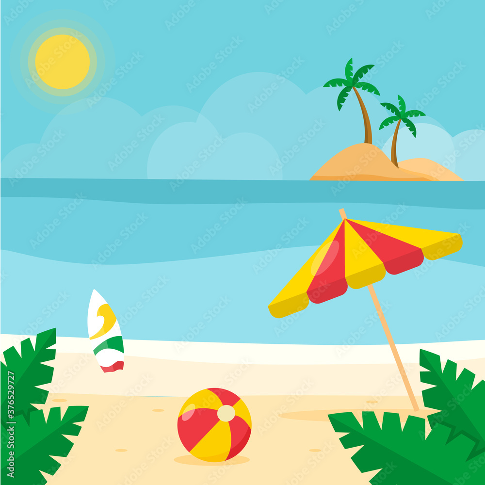 Beach, sea and palm trees. Vector flat illustration. Summer background design