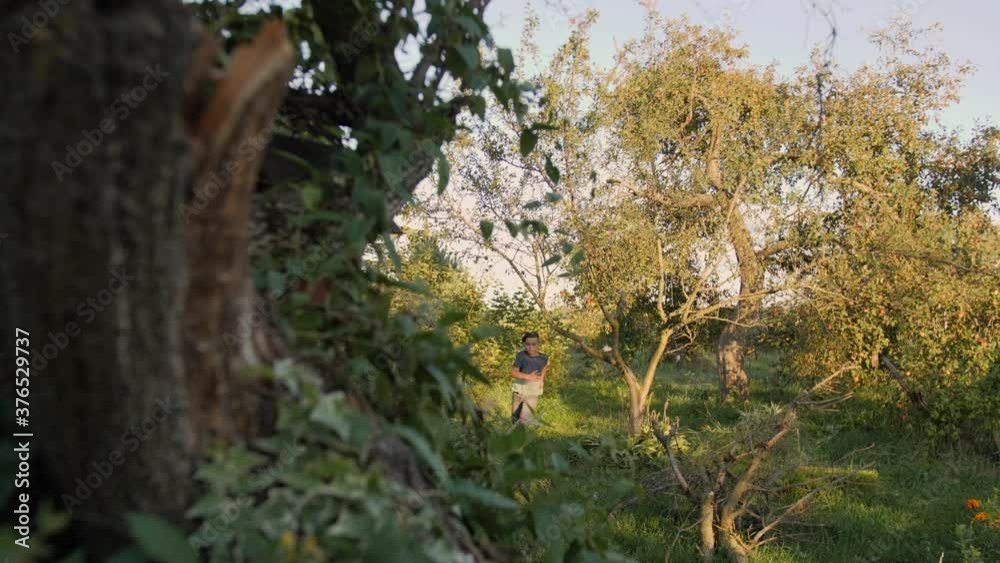 A teenage boy, European in appearance, runs from a swing through the evening summer garden. A teenage boy, European in appearance, runs from a swing through the evening summer garden.