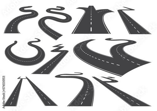 Bending roads, high ways or roadways. Collection of winding road design elements with white markings. Asphalt road curves, turns, bankings and perspectives. Set of curved and straight city roads