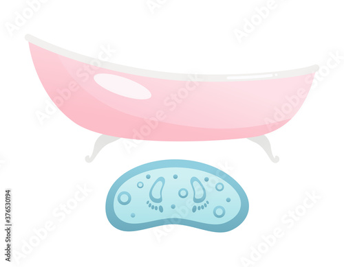 Bathroom. Vintage pink bathtub and blue mat isolated on white background. Bath time in flat style vector illustration. Mockup for web design