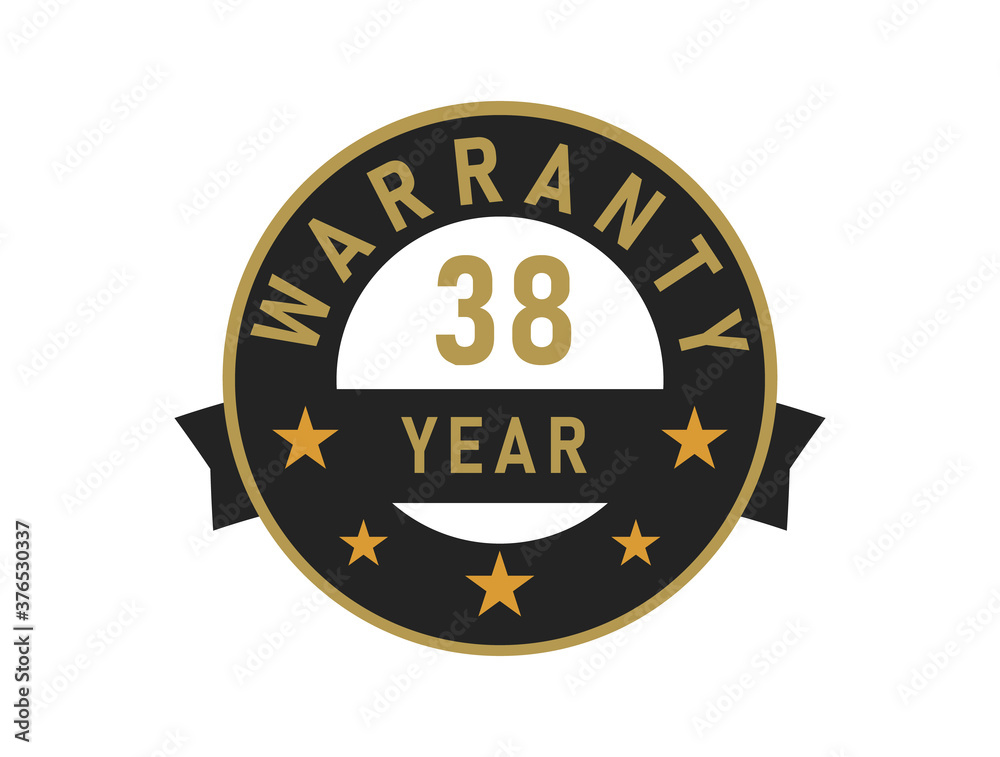 38 year warranty gold text with Black badge vector image